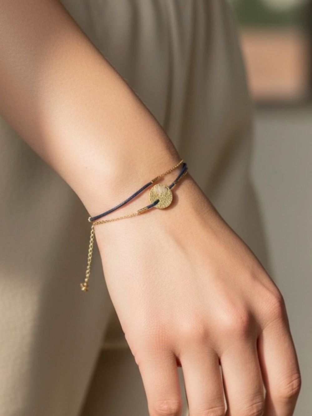 Gold Disc Double-Layer Bracelet with Navy Cord - Women's Jewelry